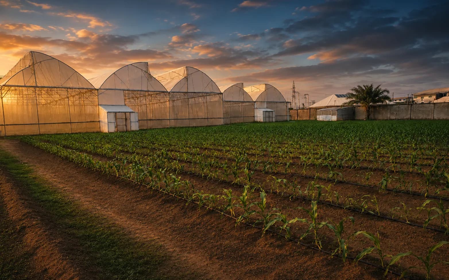 A row of commercial greenhouses beside young maize seedlings growing on drip irrigation lines at sunset