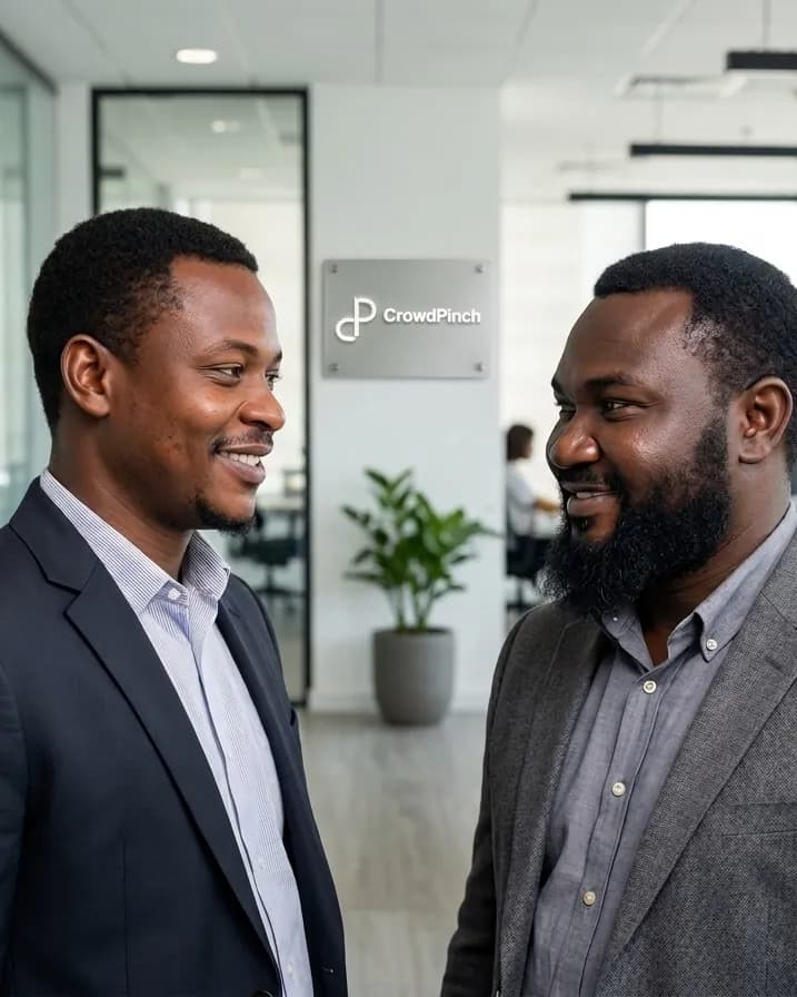 Two professionals facing each other in focused conversation in an office, a CrowdPinch wall sign behind them