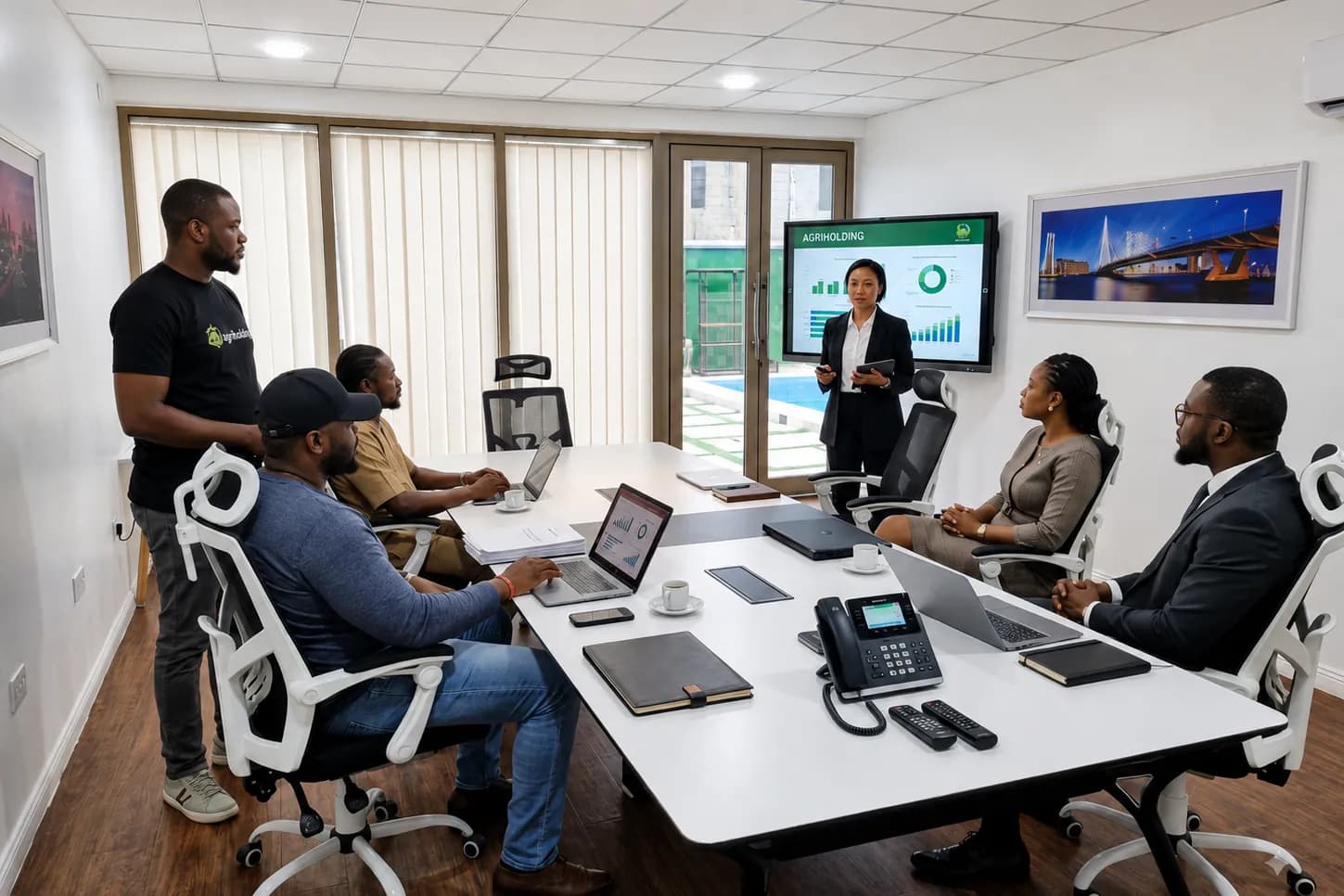 Colleagues seated around a boardroom table while a presenter works through performance charts on a wall screen