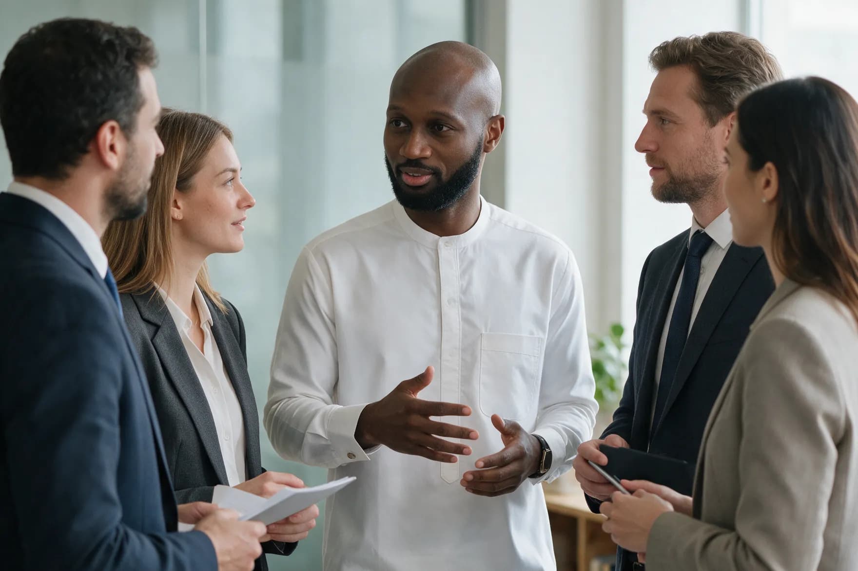 A speaker in mid-sentence, gesturing as four colleagues listen, standing together in a bright modern office